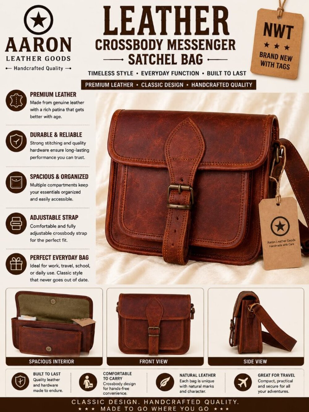 NWT Aaron Leather Goods Genuine Leather Crossbody Messenger Satchel Bag Brown